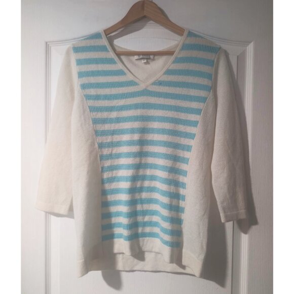 NEW! Kinross | 100% Cashmere V-Neck Sweater In Ivory & Aqua Stripes - Picture 1 of 7